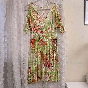 White Green Orange Red Off the Shoulder Summer Tropical Dress w/ Silver hardware